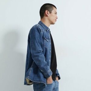 Zara Men’s Denim Trucker Jacket Fleece Jean lined mid wash Relaxed fit XL